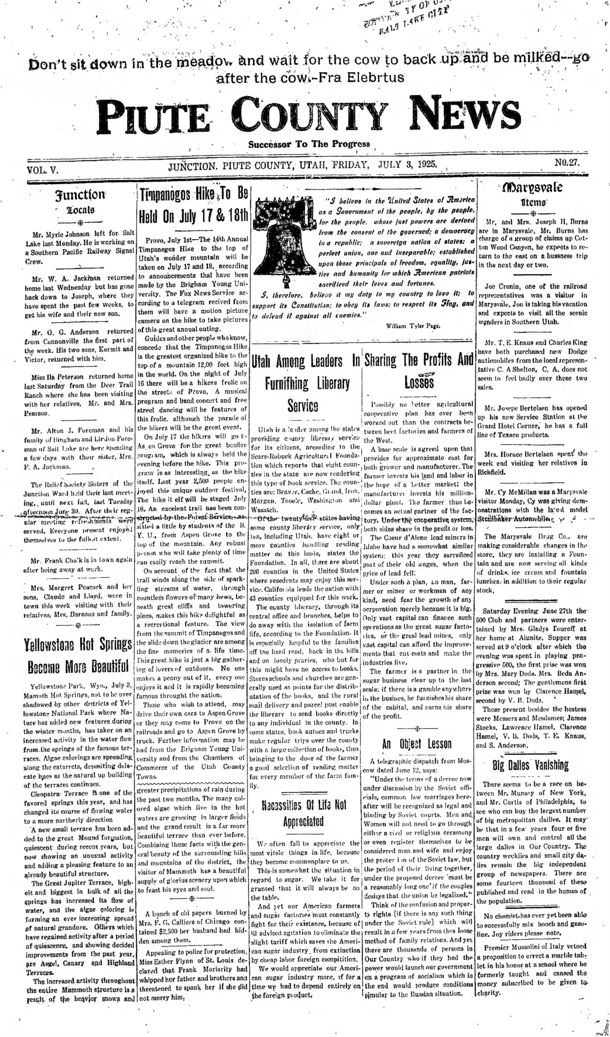 Front page of the Piute County News from July 3, 1925