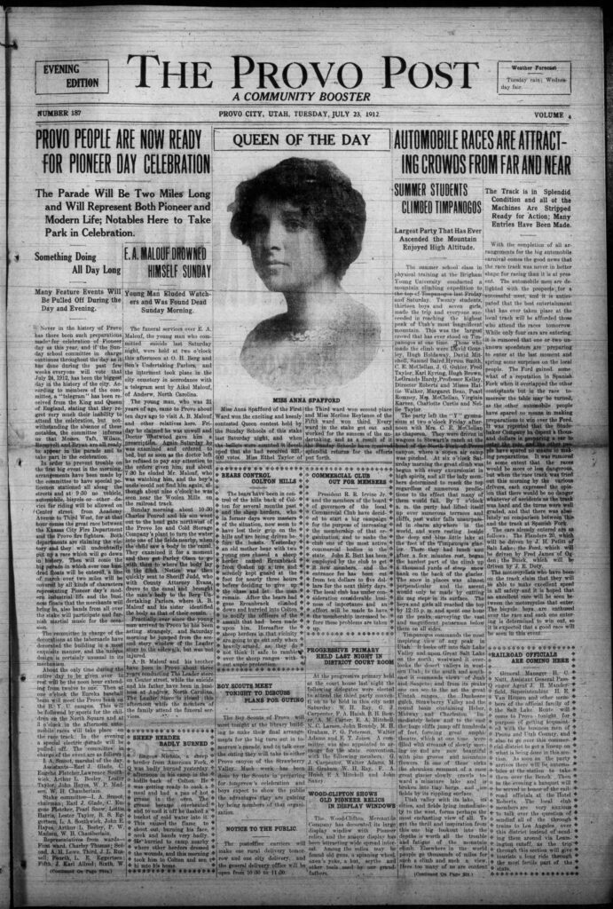 Front page of the Provo Post from July 23 1912