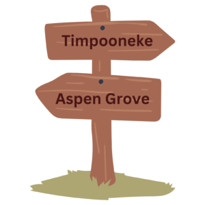 Animated wooden trail signs has one pointing one way saying Aspen Grove and the other pointing a different way saying Timpooneke