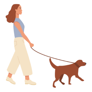 An animated woman is walking a dog on a leash