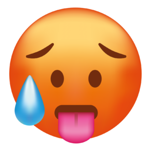 Red emoji has a sweat drop, looks concerned and fatigued, and has tongue hanging out.