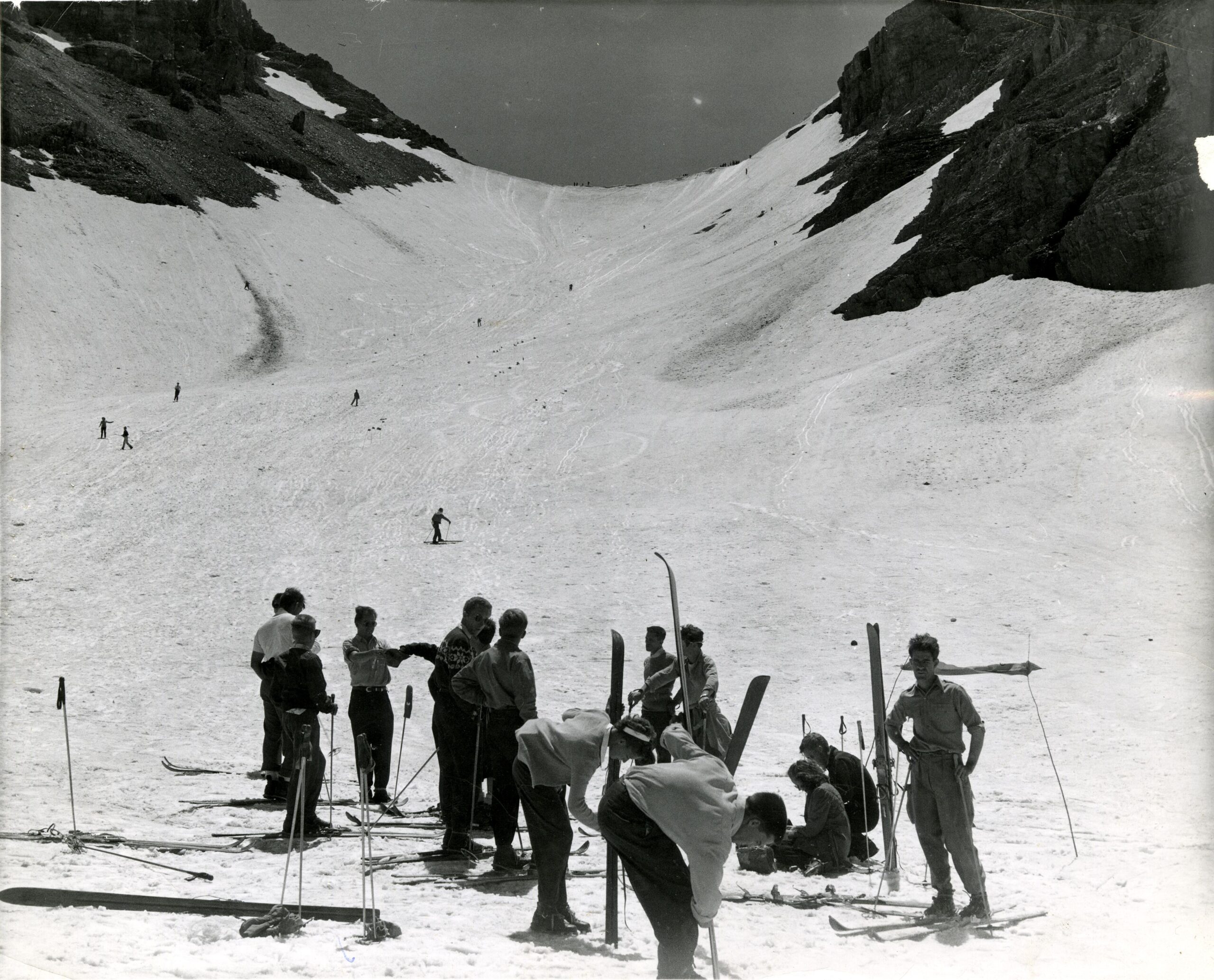 Skiers at the base of the Mt. Timpanogos Glacier in 1948.