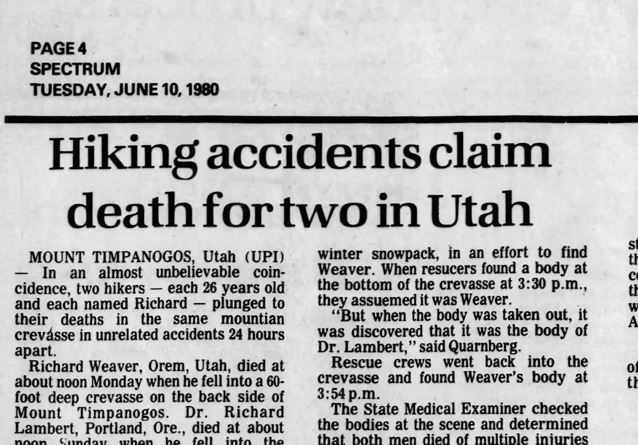 Screen cap shows newspaper article with title Hiking accidents claim death for two in Utah