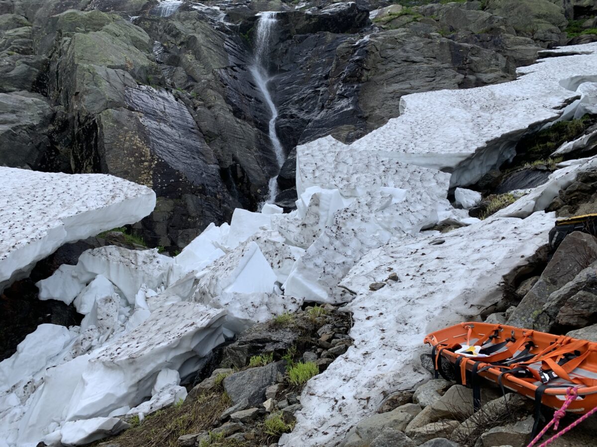 Image shows a collapsed snow bridge