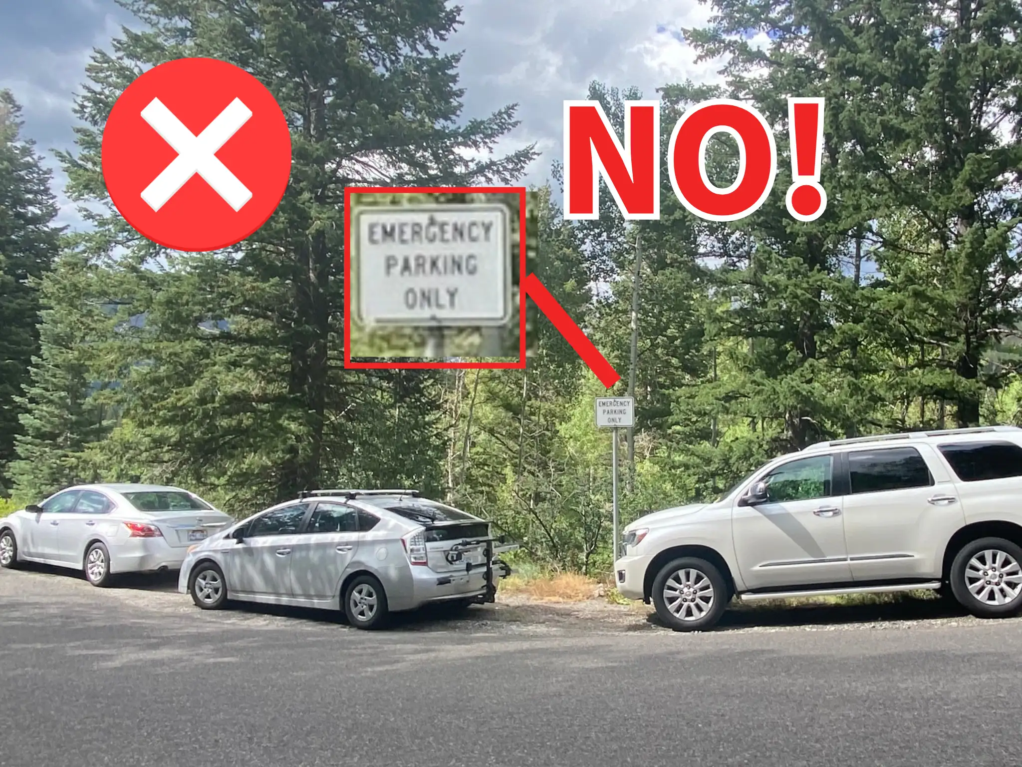 Image shows vehicles parked illegally on the Alpine Loop road. They are parked in a small space that is for emergency parking only.