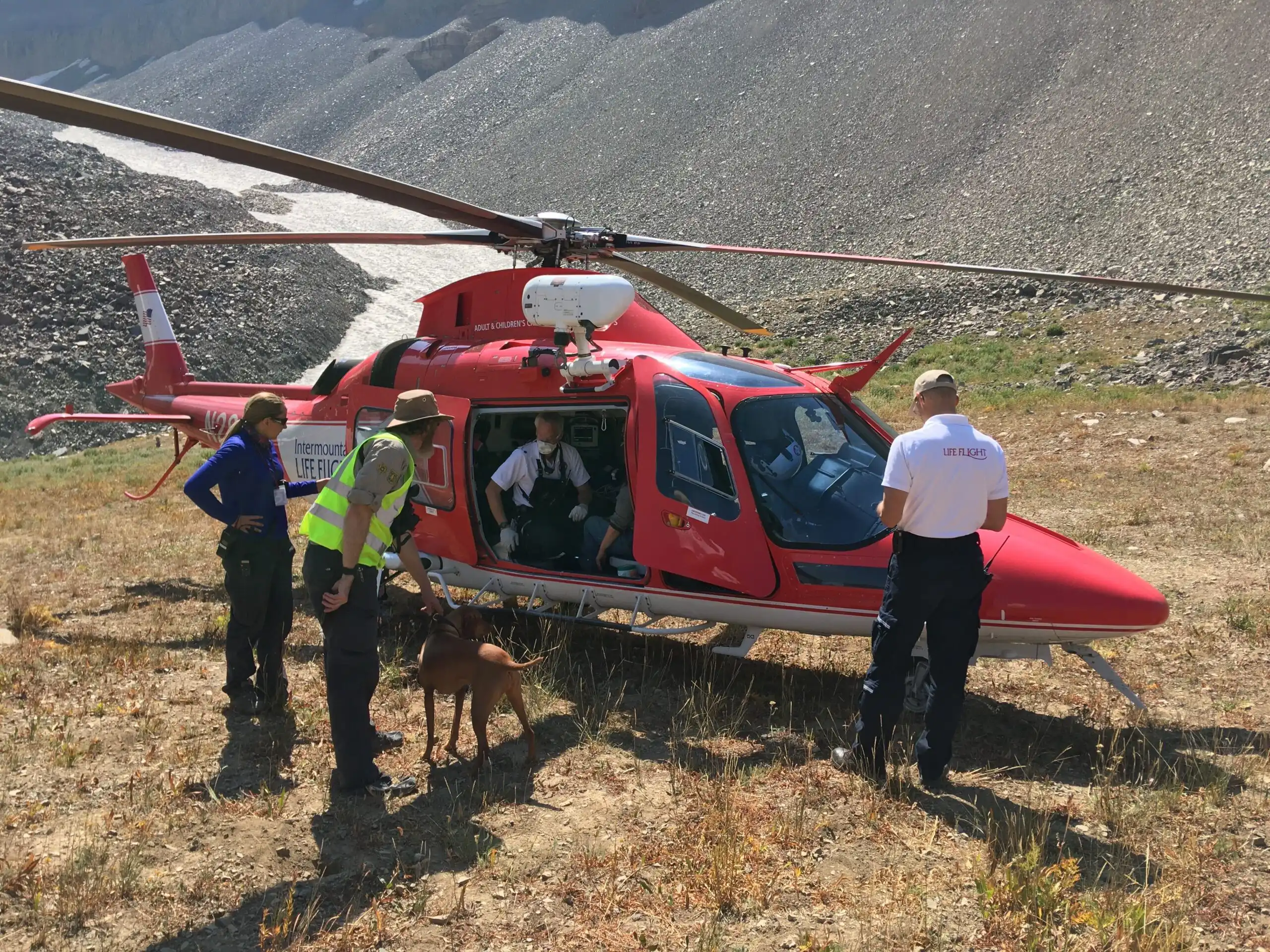 A heliocopter is loaded and ready to take off at Emerald Lake