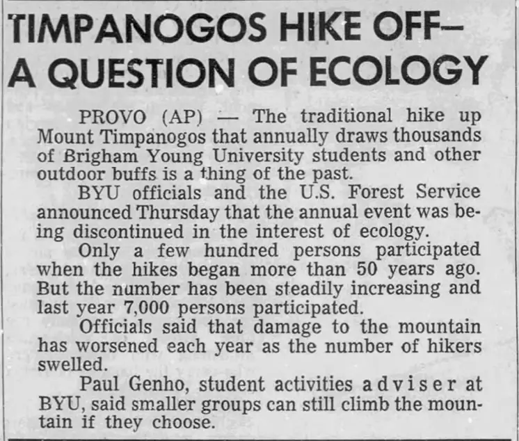 A screen cap of an article about the Timp hike being canceled