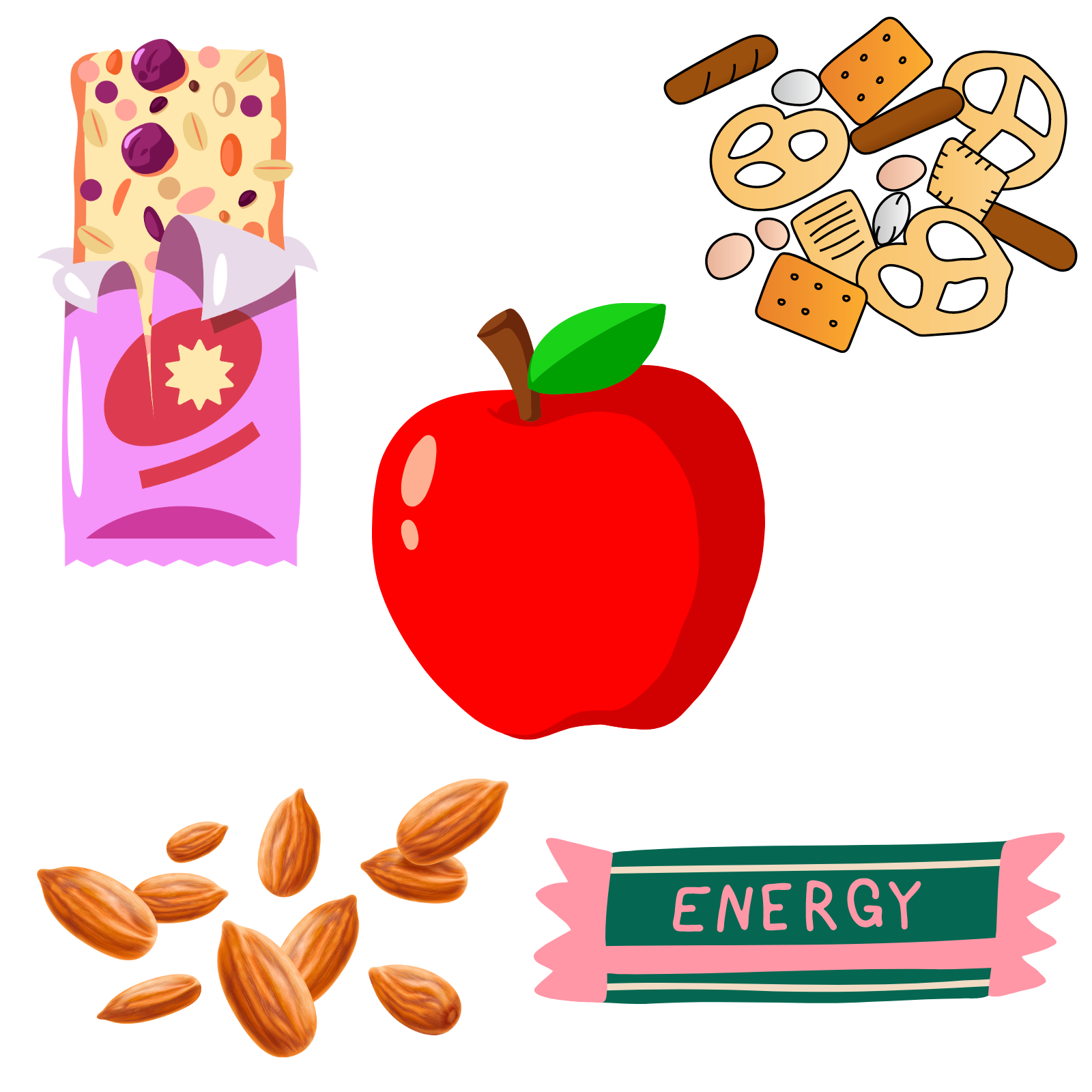 Icon shows an apple, some almonds, a snack mix, and two protein bars